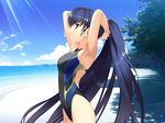  armpits arms_behind_head arms_up beach blue_eyes blue_hair competition_swimsuit day itsuki_aoba light_rays long_hair non-web_source one-piece_swimsuit outdoors ponytail profile solo soshite_ashita_no_sekai_yori sunbeam sunlight swimsuit ueda_ryou very_long_hair water 