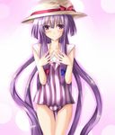  casual_one-piece_swimsuit hat long_hair one-piece_swimsuit patchouli_knowledge purple_eyes purple_hair ram_hachimin solo striped striped_swimsuit sun_hat swimsuit thigh_gap touhou 