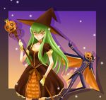  1girl c.c. code_geass green_hair halloween hat highres jack-o'-lantern long_hair pumpkin sinko witch witch_hat zero_(code_geass) 