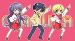  2boys bad_id bad_pixiv_id blonde_hair blue_eyes blue_hair blush clannad company_connection cosplay crossdressing dancing fujibayashi_kyou hikarizaka_private_high_school_uniform kyoto_animation long_hair lucky_star multiple_boys noro_(king) okazaki_tomoya one_eye_closed otoko_no_ko parody purple_eyes purple_hair ribbon ryouou_school_uniform school_uniform serafuku short_hair skirt sunohara_youhei thighhighs 