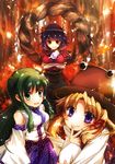  blonde_hair detached_sleeves eyes frog green_eyes green_hair hair_ornament hat kochiya_sanae long_hair moriya_suwako multiple_girls purple_eyes purple_hair red_eyes rope shide shimenawa short_hair snake touhou toya_(ecospica) yasaka_kanako 