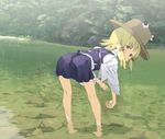  ass barefoot bent_over blonde_hair hair_ribbon hat looking_back moriya_suwako nature negoro_shuujirou open_mouth ribbon rock skirt solo stream touhou wading water yellow_eyes 