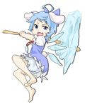 animal_ears barefoot blue_eyes blue_hair bow bunny_ears cirno cosplay hair_bow hammer inaba_tewi inaba_tewi_(cosplay) lowres poketto short_hair solo tail touhou wings 