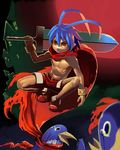  asphyxiation blue_hair bracelet cape disgaea highres jewelry kisuku laharl male_focus prinny red_eyes red_shorts saliva shirtless shorts solo squatting strangling sword tears weapon 