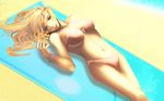  beach bikini blonde_hair blood_elf bracelet elf green_eyes jewelry long_hair lying navel pointy_ears smile swimsuit warcraft world_of_warcraft 