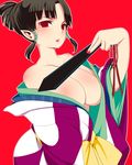  bad_id bad_pixiv_id bare_shoulders black_hair blush breasts cleavage fan hair_bun inuyasha japanese_clothes kagura_(inuyasha) kimono large_breasts lipstick makeup nail_polish open_clothes pointy_ears red_eyes red_nails simple_background solo tyobimiru undressing 