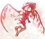  bad_id bad_pixiv_id fang flandre_scarlet flying hat monochrome one_side_up open_mouth outstretched_arms red solo spot_color spread_arms touhou utsugi_(skydream) wings yellow_eyes 