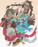  3boys braid brown_hair clive_winslett dress dual_wielding fringe_trim gallows_carradine green_eyes green_hair gun holding jet_enduro multicolored_hair multiple_boys purple_dress streaked_hair two-tone_hair virginia_maxwell weapon white_hair wild_arms wild_arms_3 yuyo 