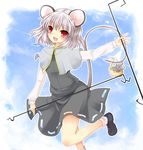  animal_ears bad_id bad_pixiv_id basket capelet dowsing_rod fuyu-nagi grey_hair jewelry mouse mouse_ears mouse_tail nazrin open_mouth pendant red_eyes short_hair smile solo standing standing_on_one_leg tail touhou 