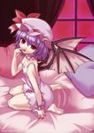  bare_shoulders barefoot bat_wings bed chemise feet finger_licking flat_chest highres indoors lavender_hair licking nail_polish nightgown pillow red_eyes red_nails remilia_scarlet scan seiza short_hair sitting soles solo strap_slip tongue touhou window wings yukimura_tsubame 