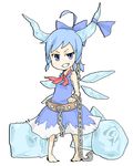  1girl barefoot blue_eyes blue_hair bow chain cirno cosplay hair_bow horns ibuki_suika ibuki_suika_(cosplay) ice lowres poketto short_hair solo touhou wings 