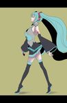  aqua_hair closed_eyes detached_sleeves hatsune_miku headphones hirabaru_kenji legs letterboxed long_hair necktie simple_background skirt smile solo thighhighs tiptoes twintails very_long_hair vocaloid walking zettai_ryouiki 