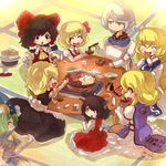  6+girls ^_^ blonde_hair buront chen closed_eyes crossover eating elf elvaan final_fantasy final_fantasy_xi food hakurei_reimu happy indoors kakat kirisame_marisa mima multiple_girls pointy_ears rumia sukiyaki table tatami tears the_iron_of_yin_and_yang touhou transparent yakumo_ran yakumo_yukari 