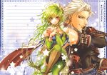  bare_shoulders bird boots bracelet cape choker detached_sleeves earrings edward_geraldine final_fantasy final_fantasy_iv flower gloves green_hair hair_ornament highres jewelry long_hair nail nail_polish nails rydia silver_eyes smile takano_kei thigh-highs thigh_boots thighhighs white_hair 