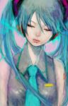  aqua_hair bad_id bad_pixiv_id closed_eyes detached_sleeves green_hair hatsune_miku headphones lips long_hair necktie pon solo twintails vocaloid 