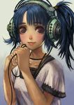  bad_id bad_pixiv_id blue_hair blush brown_eyes cable casual docoi hands headphones lips original solo twintails 