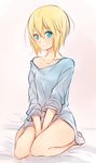  aqua_eyes between_legs blonde_hair blush edna_(tales) flat_chest full_body hand_between_legs looking_at_viewer naked_shirt off_shoulder on_bed shirt short_hair sitting solo t-shirt tales_of_(series) tales_of_zestiria tusia wariza 