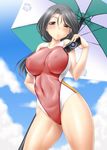  ayato black_hair brown_eyes competition_swimsuit freckles girls_und_panzer highres long_hair one-piece_swimsuit piyotan solo standing swimsuit umbrella 