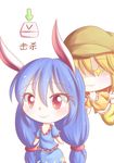  2girls absurdres animal_ears blonde_hair bunny_ears chinese clueless commentary dior-zi floppy_ears hat highres multiple_girls orange_shirt red_eyes ringo_(touhou) seiran_(touhou) shirt short_hair skirt smile touhou 