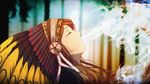  anime_coloring bangs blurry brown_hair closed_eyes commentary depth_of_field eyelashes forest head_back headdress long_hair native_american native_american_headdress nature omar_enm original parted_lips profile smoke smoking solo teeth upper_body warbonnet 
