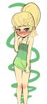  1girl blonde_hair blue_eyes blush child cindy_vortex covering covering_crotch embarrassed green_shirt hand_on_own_face jimmy_neutron knees_touching no_pants ponytail shirt shirt_pull simple_background solo standing white_background 
