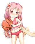  basketball blush buruma buruma_pull disembodied_limb flower gym_uniform hair_flower hair_ornament haty long_hair midriff navel original pink_eyes pink_hair simple_background vest white_background 