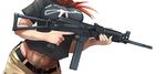  akx-9 assault_rifle didloaded gun handgun holding holding_gun holding_weapon orange_hair original rifle simple_background solo trigger_discipline weapon 