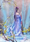  absurdres bare_shoulders blooming blue_dress bow chinese_clothes dress eyeliner flower hair_bow hair_flower hair_ornament hanfu highres long_hair looking_to_the_side luna_ouyang makeup original petals ponytail purple_hair solo tree 
