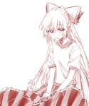  bow cosplay crossed_legs fang fujiwara_no_mokou hair_bow hands_on_lap hands_together highres hoshiguma_yuugi hoshiguma_yuugi_(cosplay) indian_style long_hair looking_at_viewer open_mouth ponytail shirt sitting six_(fnrptal1010) sketch solo t-shirt touhou white_background white_hair 