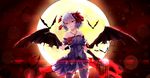  bare_shoulders bat bat_wings blue_hair cup dress drinking_glass gloves highres jewelry lens_flare necklace pouring red_eyes remilia_scarlet short_hair smile solo thighhighs touhou white_crow wine_glass wings 