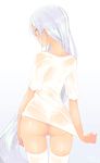  ass blush gradient gradient_background long_hair looking_at_viewer looking_back original see-through shirt silver_hair simple_background solo thighhighs thong very_long_hair wet wet_clothes wet_shirt white_legwear wide_hips yellow_eyes yuzuki_gao 