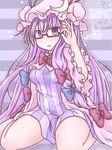  :3 adjusting_eyewear bad_id bad_pixiv_id bespectacled crescent crescent_hair_ornament double_bun dress glasses hair_ornament hair_ribbon hat highres lavender_hair long_hair looking_at_viewer mob_cap open_clothes open_robe patchouli_knowledge purple-framed_eyewear purple_eyes ribbon robe semi-rimless_eyewear shadow sidelocks sitting solo striped striped_background striped_dress takanoru touhou tress_ribbon under-rim_eyewear very_long_hair wariza 