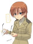  1girl blue_eyes cleaning cleaning_glasses edytha_neumann eyewear_removed glasses highres holding holding_eyewear long_hair makaze_(t-junction) military military_uniform orange_hair simple_background solo spoken_ellipsis twitter_username uniform white_background world_witches_series 