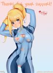  areolae blonde_hair blood blue_eyes breasts covered_navel crotch_cutout earrings gradient gradient_background jewelry long_hair looking_at_viewer metroid nekonote nekonote_(neko-no-te92) nipples ponytail samus_aran smile solo torn_clothes zero_suit 