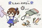  arrow bag black_legwear blue_skirt brown_hair food holding_hands japanese_clothes k-san kaga_(kantai_collection) kantai_collection onigiri out_of_frame pleated_skirt ponytail short_hair side_ponytail skirt solo_focus thighhighs translated younger 