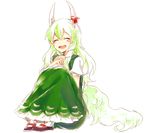  blush closed_eyes dress ex-keine full_body green_hair hakutaku hands_together highres horn_ribbon horns kamishirasawa_keine knees_to_chest legs_together long_hair open_mouth ribbon shoes simple_background sitting six_(fnrptal1010) smile solo tail touhou white_background 