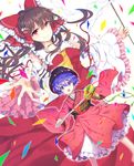  ascot bad_id bad_pixiv_id blue_eyes blue_hair bow bowl bowl_hat brown_hair confetti detached_sleeves dutch_angle frilled_sleeves frills furapechi gohei hair_bow hair_tubes hakurei_reimu hat holding_needle japanese_clothes kimono looking_at_viewer minigirl miracle_mallet multiple_girls needle obi open_mouth outstretched_hand petticoat ponytail red_eyes sash short_hair simple_background skirt skirt_set smile sukuna_shinmyoumaru touhou white_background wind 
