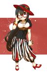  :&gt; alternate_costume animal animal_on_hand asui_tsuyu black_hair boku_no_hero_academia bracelet chaki_(teasets) fashion frog full_body hat high_heels highres jewelry long_hair looking_away one_eye_closed pants puffy_short_sleeves puffy_sleeves red_footwear shoes short_sleeves solo striped striped_pants 