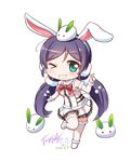  animal_ears bunny_ears chibi green_eyes highres langbazi long_hair love_live! love_live!_school_idol_project low_twintails one_eye_closed purple_hair simple_background snow_bunny solo thighhighs toujou_nozomi twintails 