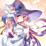  arima_(arcadicauto) bow bracelet collar dress flower frilled_collar frills hat hat_bow hat_flower highres jewelry original purple_eyes purple_hair smile solo striped vertical-striped_dress vertical_stripes witch witch_hat 