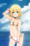  :&lt; aqua_eyes bandeau bare_shoulders bikini blonde_hair blush bracelet contrapposto edna_(tales) flat_chest groin hair_ribbon jewelry navel ribbon short_twintails solo standing strapless swimsuit tales_of_(series) tales_of_zestiria tusia twintails 
