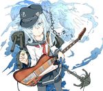  anchor bird black_legwear blue_eyes collarbone eagle electric_guitar gibson_firebird guitar hat hibiki_(kantai_collection) highres instrument kantai_collection long_hair looking_at_viewer mouth_hold namesake ninimo_nimo pantyhose plectrum school_uniform serafuku silver_hair skirt solo weapon 