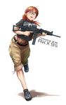  akx-9 assault_rifle didloaded goggles gun handgun highres holding holding_gun holding_weapon long_hair looking_at_viewer open_mouth orange_eyes orange_hair original ponytail rifle simple_background solo trigger_discipline weapon 