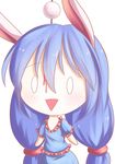  1girl absurdres animal_ears blood blue_hair bunny_ears dango dior-zi food highres long_hair seiran_(touhou) skewer solo stabbed touhou triangle_mouth wagashi 
