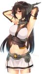  arm_behind_head armpits bare_shoulders black_hair blush breasts cowboy_shot elbow_gloves gloves hairband headgear kantai_collection large_breasts long_hair looking_at_viewer midriff nagato_(kantai_collection) profile red_eyes simple_background solo twitter_username white_background yu_yu 