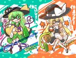  2girls :d animalization apron artist_name blonde_hair blush bow braid collared_shirt dated dress_shirt fangs green_eyes green_hair hat hat_ribbon kirisame_marisa komeiji_koishi komeiji_satori long_hair long_sleeves looking_at_viewer mary_janes mini-hakkero multiple_girls one_eye_closed open_mouth paint_roller paint_splatter pointy_ears puffy_sleeves ribbon shirt shoes signature single_braid skirt smile splatoon_(series) splatoon_1 squid tentacle_hair third_eye touhou translation_request white_legwear witch_hat yellow_eyes yurume_atsushi 