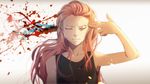  anime_coloring bangs beige_background blood blood_splatter blurry closed_eyes collarbone commentary fake_blood finger_gun finger_gun_to_head frown light light_particles long_hair omar_enm original paint_splatter red_hair simple_background solo tank_top toned upper_body wall 