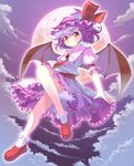  ankle_socks ascot bad_id bad_pixiv_id bat_wings bloomers brooch cloud flying folded_leg frilled_legwear frilled_skirt frills full_moon hat hat_ribbon highres jewelry lavender_hair loafers looking_at_viewer mob_cap moon naox night outdoors puffy_short_sleeves puffy_sleeves purple_sky red_eyes red_footwear red_moon remilia_scarlet ribbon sash shoes short_hair short_sleeves skirt skirt_set smile solo touhou underwear wings wrist_cuffs 