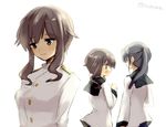  brown_eyes brown_hair dual_persona kodamari long_sleeves military military_uniform multiple_girls open_mouth ponytail sakamoto_mio school_uniform serafuku sidelocks simple_background smile strike_witches takei_junko twitter_username uniform white_background world_witches_series younger 