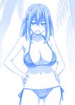 bikini blue breasts commentary_request getsuyoubi_no_tawawa hands_on_hips himura_kiseki large_breasts long_hair looking_at_viewer monochrome open_mouth palm_tree side-tie_bikini solo swimsuit tree twintails 